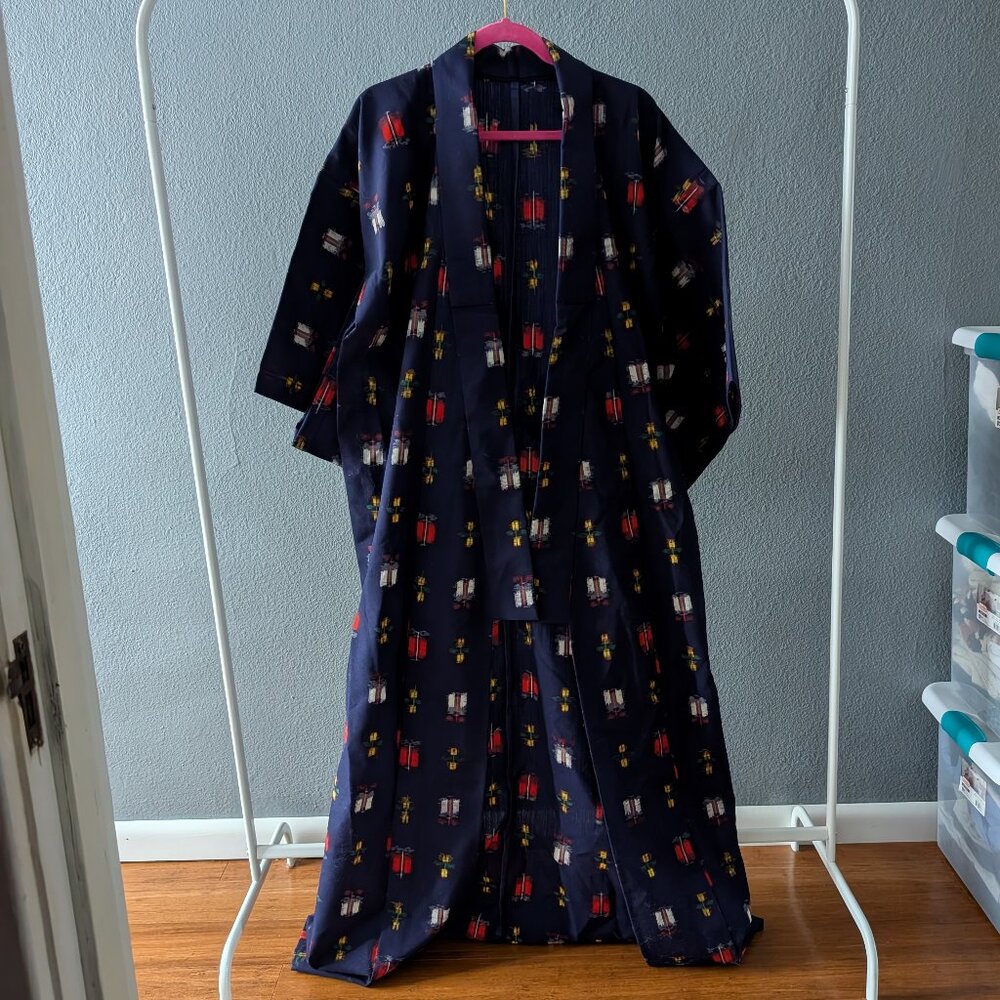 Vintage Japanese Blue Geometric Kimono Sz L